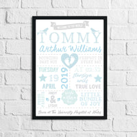 Personalised Baby Boy's Birth Blue Children's Bedroom Room Wall Decor Print