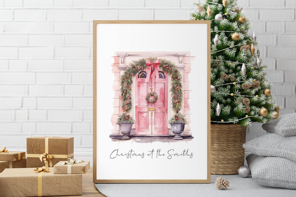 Personalised Christmas At Surname Pink Front Door 2023 Winter Christmas Seasonal Wall Home Decor Print