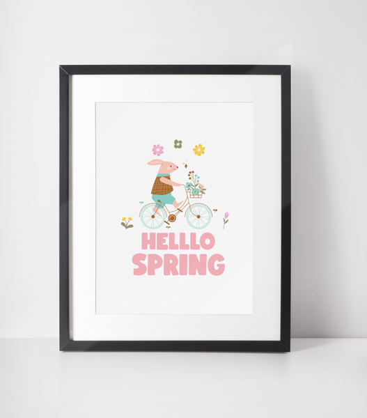 Hello Spring Bunny On Bike 2024 Spring Easter Seasonal Wall Home Decor Print