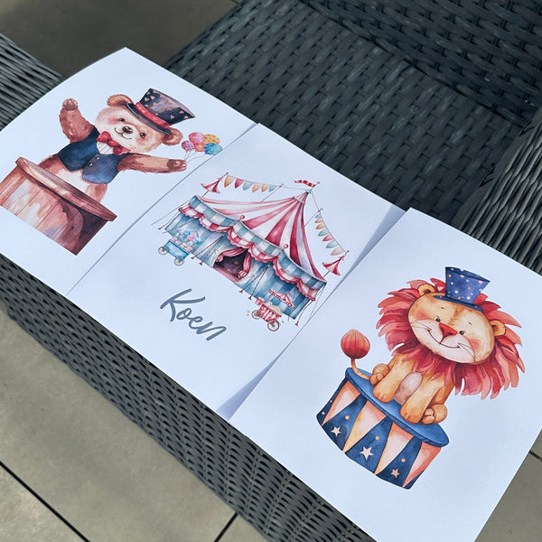 Personalised Name Circus Bear Lion Tent Children's Wall Bedroom Decor Set Of 3 Prints