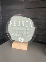 New Baby Personalised Gift PAINTED Acrylic Plaque Sign With Wooden Base