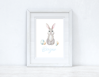 Personalised Blue Wording Bunny Eggs Easter Spring Seasonal Wall Home Decor Print