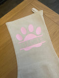 Personalised Dog Cat Pet Paw Print With Name Natural Hessian Christmas Stocking