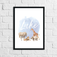 Personalised Zoo Animals Blue Name Children's Room Wall Decor Print