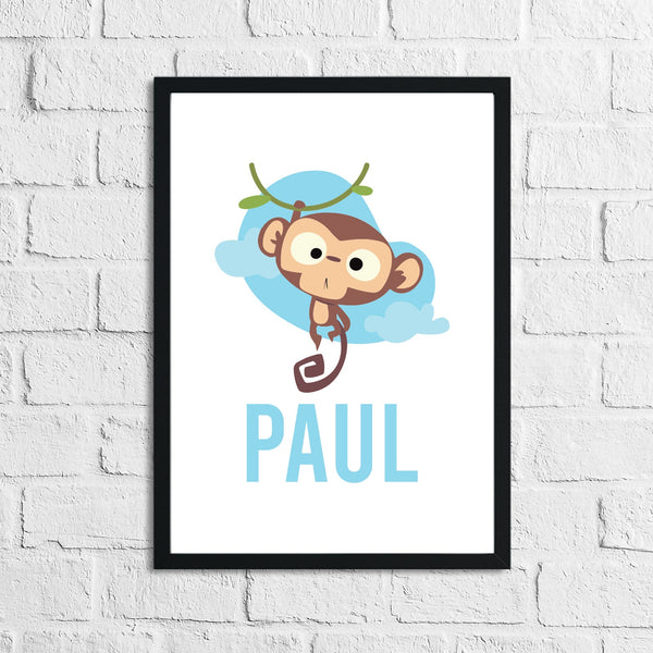 Cartoon Monkey Personalised Name Blue Children's Room Wall Decor Print