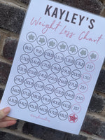 Personalised A4 Pink & Black Weight Loss Chart Tracker Print - st. lb Units - Laminated With Stars