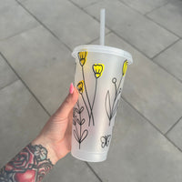 Yellow Floral Line Work Tumbler Venti Cold Cup 24oz - With Straw