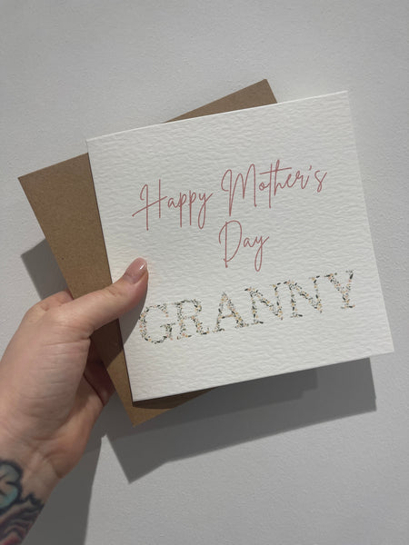 Happy Mothers Day Granny Pink Floral Letters Mothers Day Cute Funny Humorous Hammered Card & Envelope