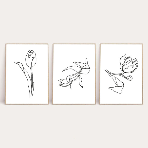 Set Of 3 Flowers Simple Line Work Bedroom Wall Decor Print