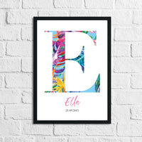 Personalised Watercolour Floral Name Initial DOB Children's Wall Decor Print